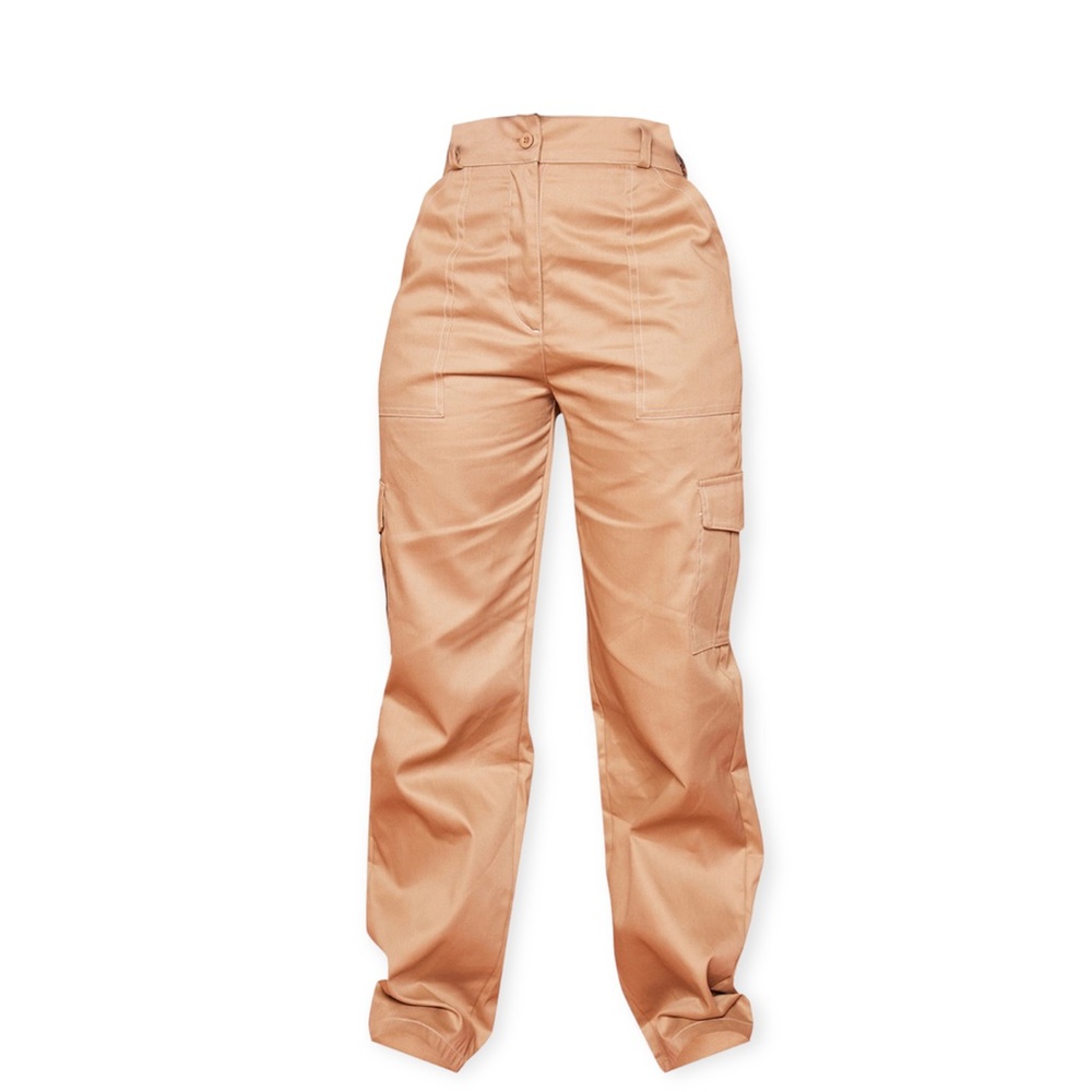 Stone Woven Contrast Seam Detail Straight Leg Trousers